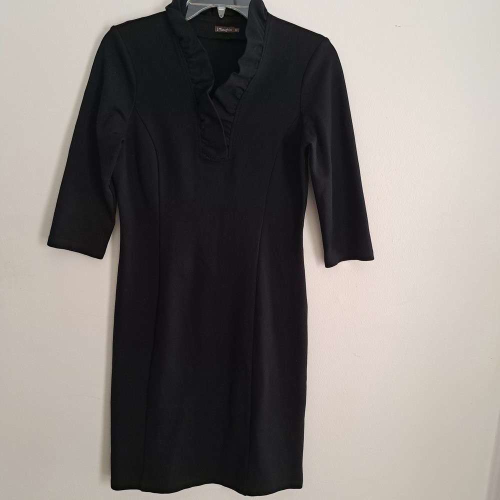 J. McLaughlin Blk‎ Sheath Dress Mandarin Collar 3/4 Sleeve Business Casual Sz XS